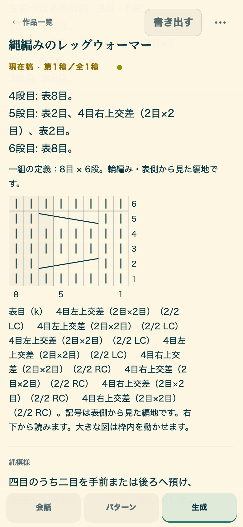 縄編みのレッグウォーマーの生成画面。左右の四目交差を含む六段の編み図と日本語の説明が同じ画面に表示される