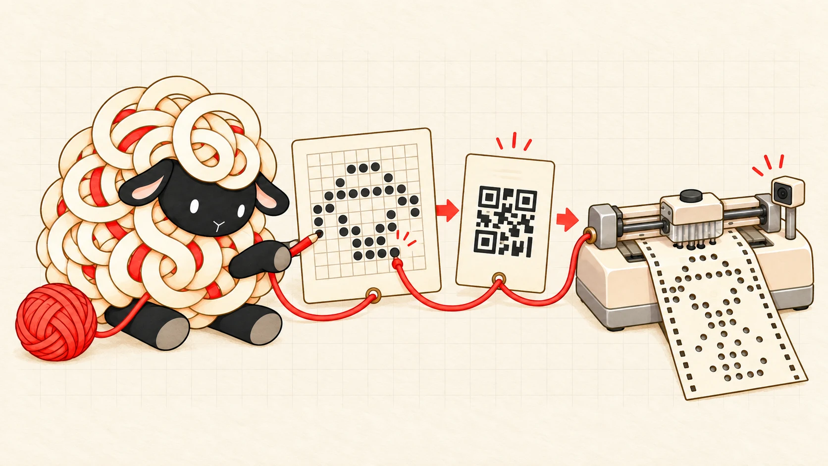 格子模様を描き、QRでオフラインジョブを渡し、専用機でパンチカードに穴を開けるKoshiの構想