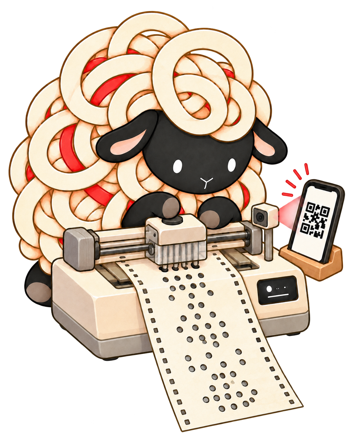 カメラでQRを読み、左右に動くパンチ部とカード送りで穴を開けるKoshi実機の構想図